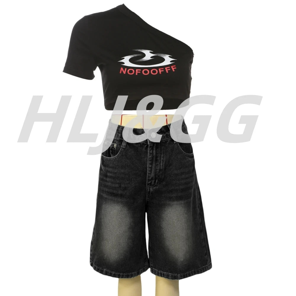 HLJ&GG Blue Retro Fashion jeans Two Piece Sets Women One Shoulder Short Sleeve Crop Top+Jeans Shorts Outfits Fashion Streetwear