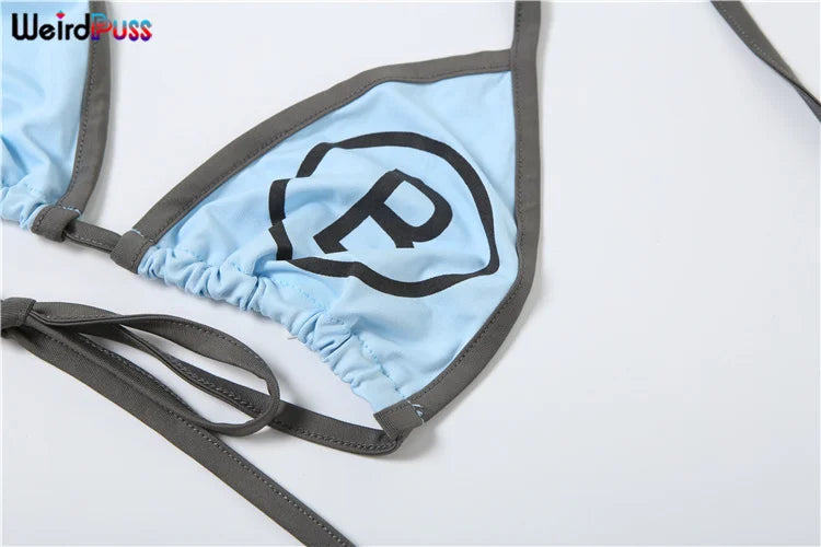 Weird Puss Letter Print 3Piece Set Women Sexy Summer Beach Vacation Bra+Bandage Briefs+Skirts Hipster Midnight Matching Clubwear