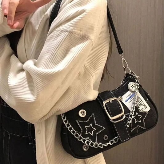 Y2K Canvas Chain Shoulder Bag jeans Stars Pattern Underarm Bag Women's Handbag for Woman Girls