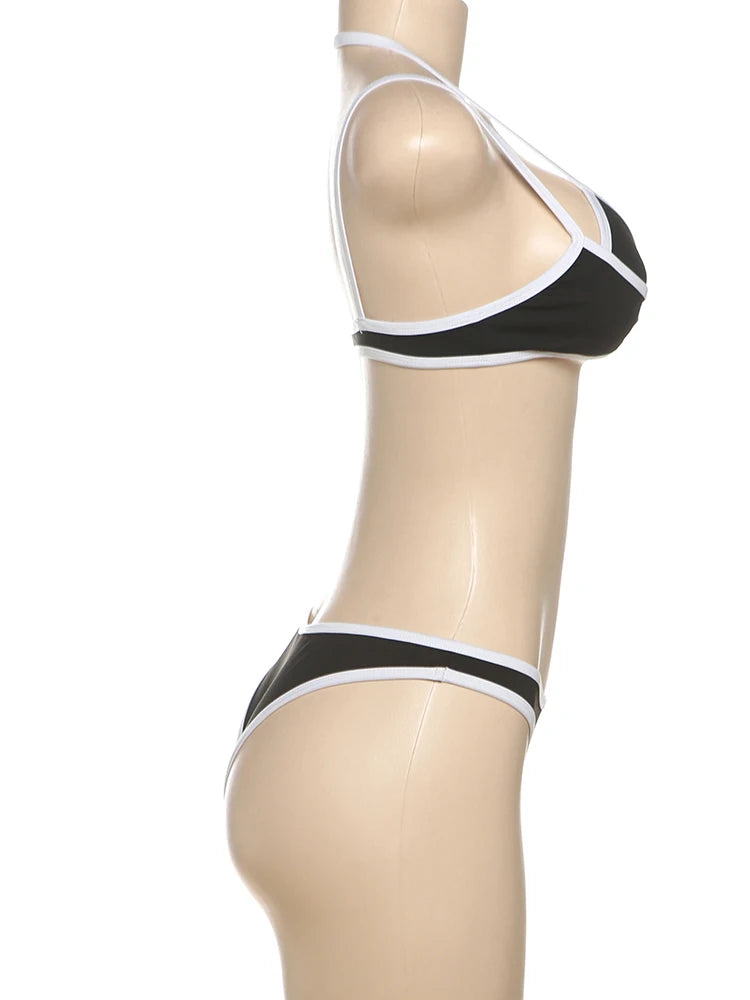 Weird Puss Patchwork 2 Piece Set Women Swimsuit Beach White Border Halter Bra Tops+Panties Basic Skinny Clubwear Vacation Suits