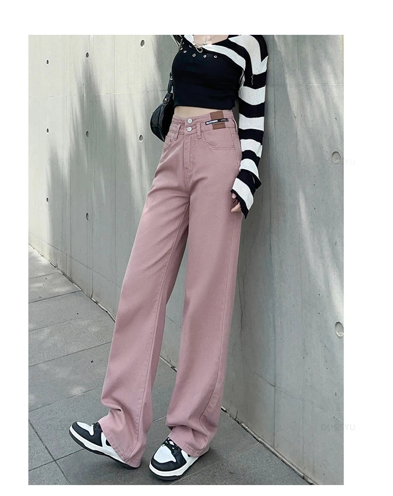 OUSSYU Woman Jeans High Waist Straight Wide Leg Cotton Denim Clothing Blue Streetwear Vintage Fashion Harajuku Women Trousers