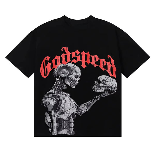 2025 Summer Godspeed Technology Gaze Skull Print High Quality Double Cotton Casual Short Sleeve T-shirt for Men and Women