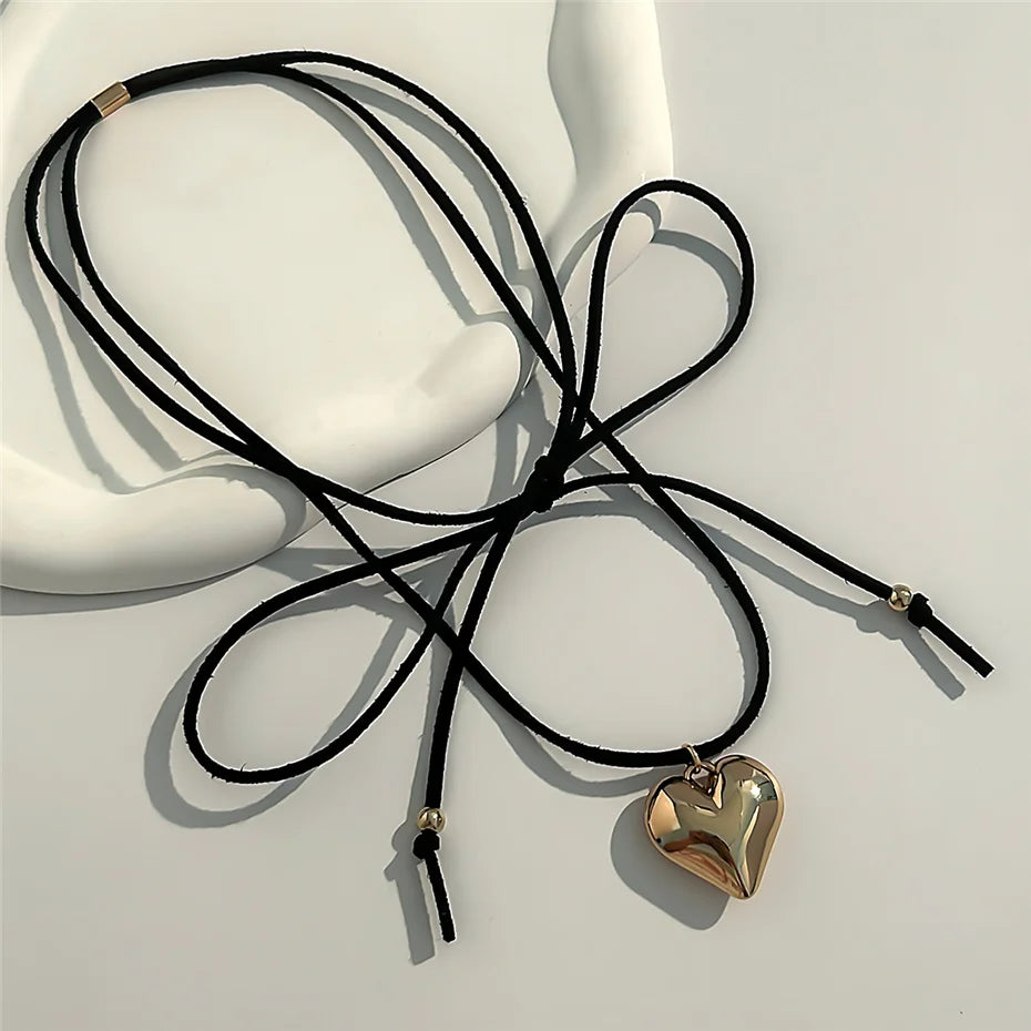 Creative Sweet Cool Love Heart Pendant Necklace for Women Wedding Goth Knotted Bowknot Adjustable Chain Y2K Jewelry Accessories