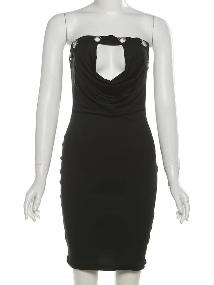 Weird Puss Metal Hollow Dress Women Sexy Y2K Ruched Swing Collar Skinny Midnight Coquette Party Summer Trend Streetwear Bodycon