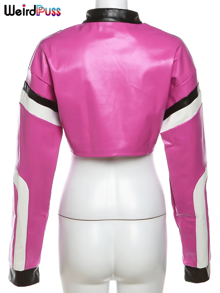 Weird Puss Faux Leather Varsity Jacket Women Hipster Letter Print Autumn Casual Sporty Wild Streetwear Uniform Trend Crop Coat