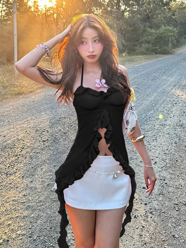 Weird Puss Patchwork Mesh Y2K Sexy Camisole Women Halter Bandage Low-Neck Tassel Ruffles 3d Flowers Midnight Club Sexy Tank Tops