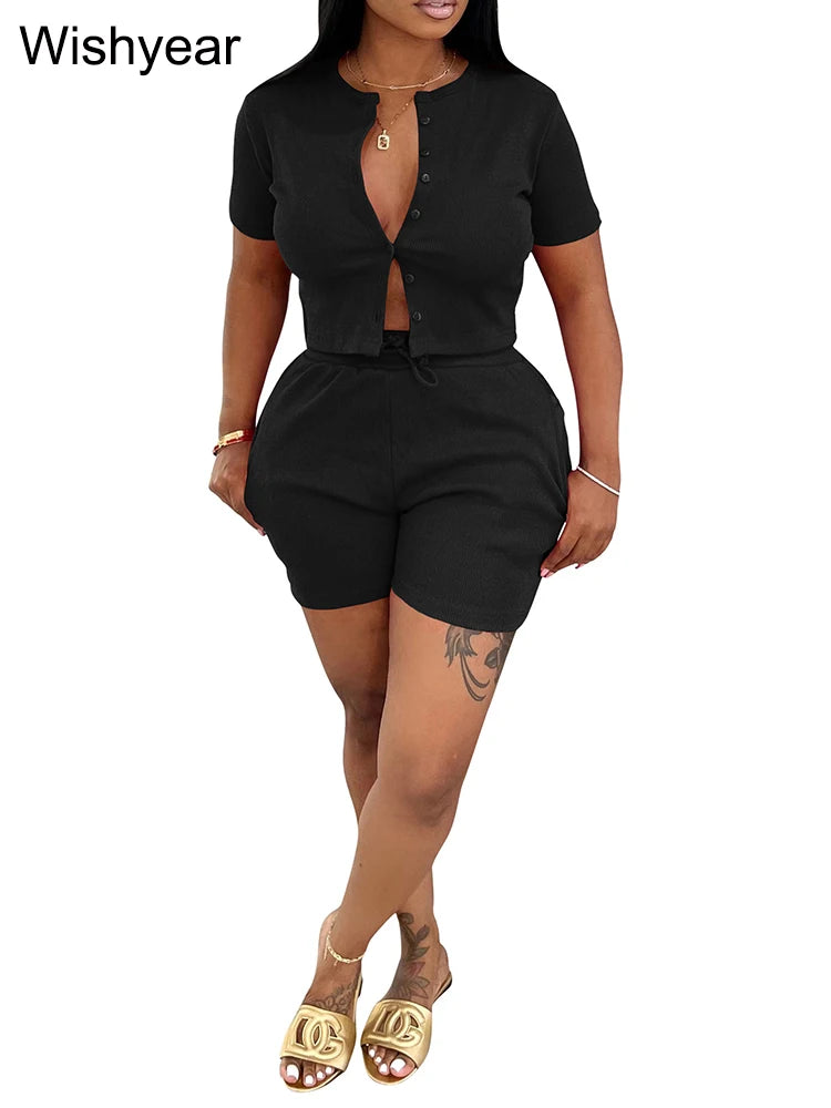 Casual Shirt Coats Tops and Shorts Two Piece Sets Fashion Short Sleeve Sports Streetwear Women Rib Hot Pants Outfits Sweat Suits