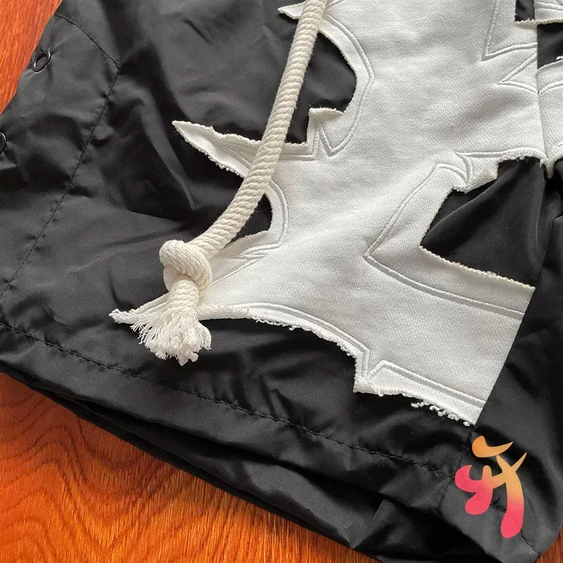 Cactus Jack Shorts Fashion Casual  Loose Color Blocking Patch Black Drawstring Elastic Waist Shorts Men Women Streetwear Pants