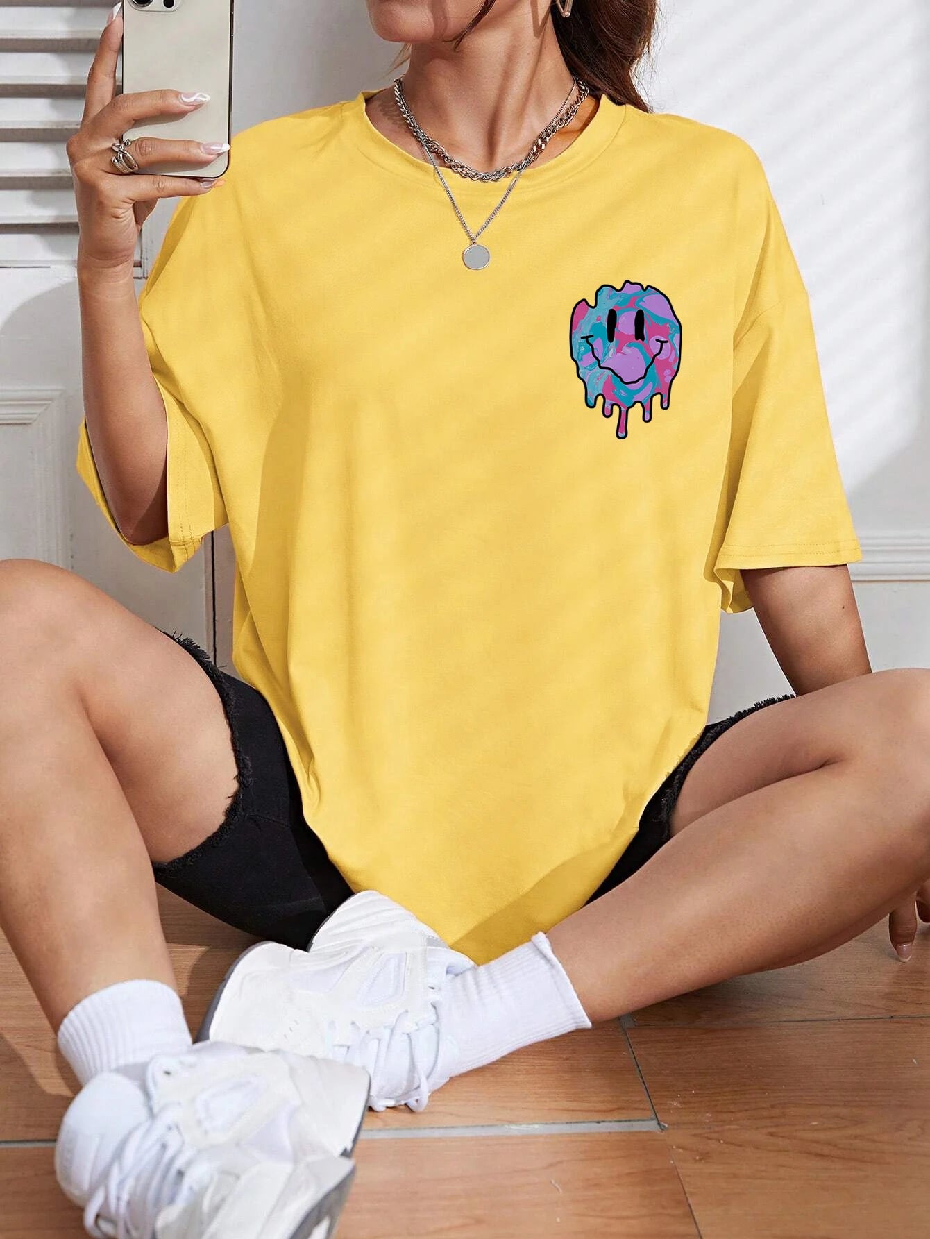 Funny Smile Face Print Female Tshirt Street Casual All Match T-Shirt Fashion Soft Clothes Hip Hop Breathable Tee Shirts Women