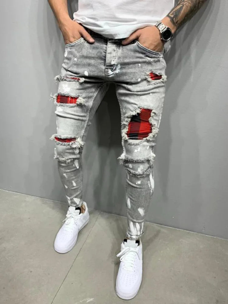 High Quality Fashion Men Painted Stretch Skinny Jeans Slim Fit Ripped Distressed Pleated Knee Patch Casual Men's Brand Clothing