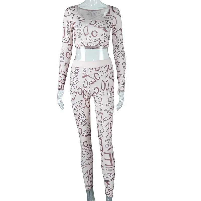 STYLISH LADY Letter Printed Sporty 2 Piece Set Women Long Sleeve Crop Top and Skinny Pant Suits 2025 Summer Sexy Street Outfits