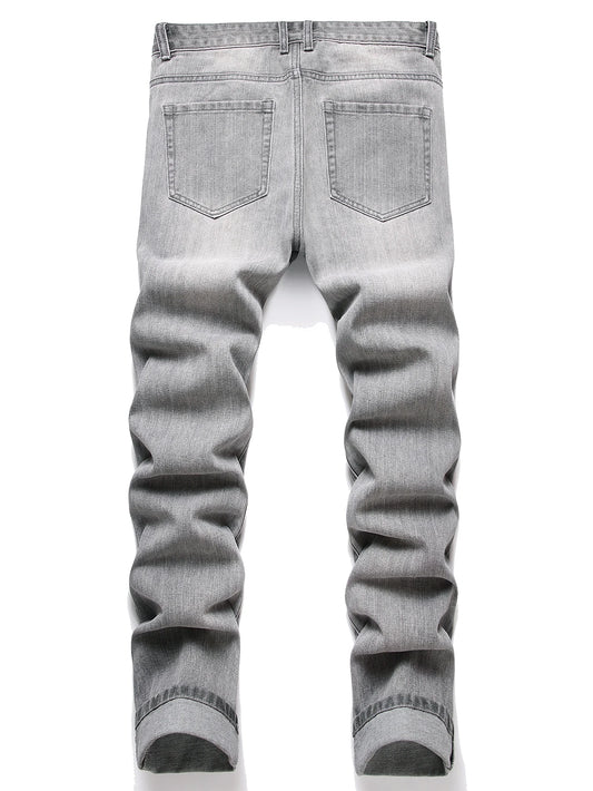 Denim Jeans Slim Fit Comfort Straight Leg Casual Mid Waist Denim Pants Grey Trousers Men Clothing
