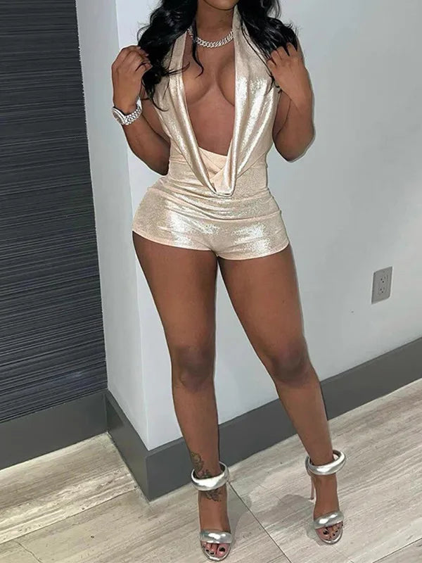 FAGADOER Halter Sexy One Piece Rompers Women Shiny Metallic Deep V-neck Backless Sleeveless Bodycon Overalls Hot Girl Clubwear
