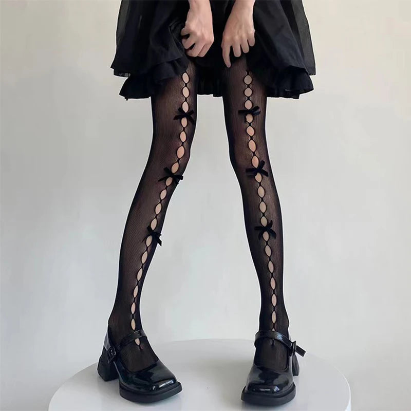 Sexy Lace Bow Patchwork Stockings Women Bodycon Elastic See Through Slim Pantyhose Party Club Sexy Y2K Hollow Out Tights Ladies