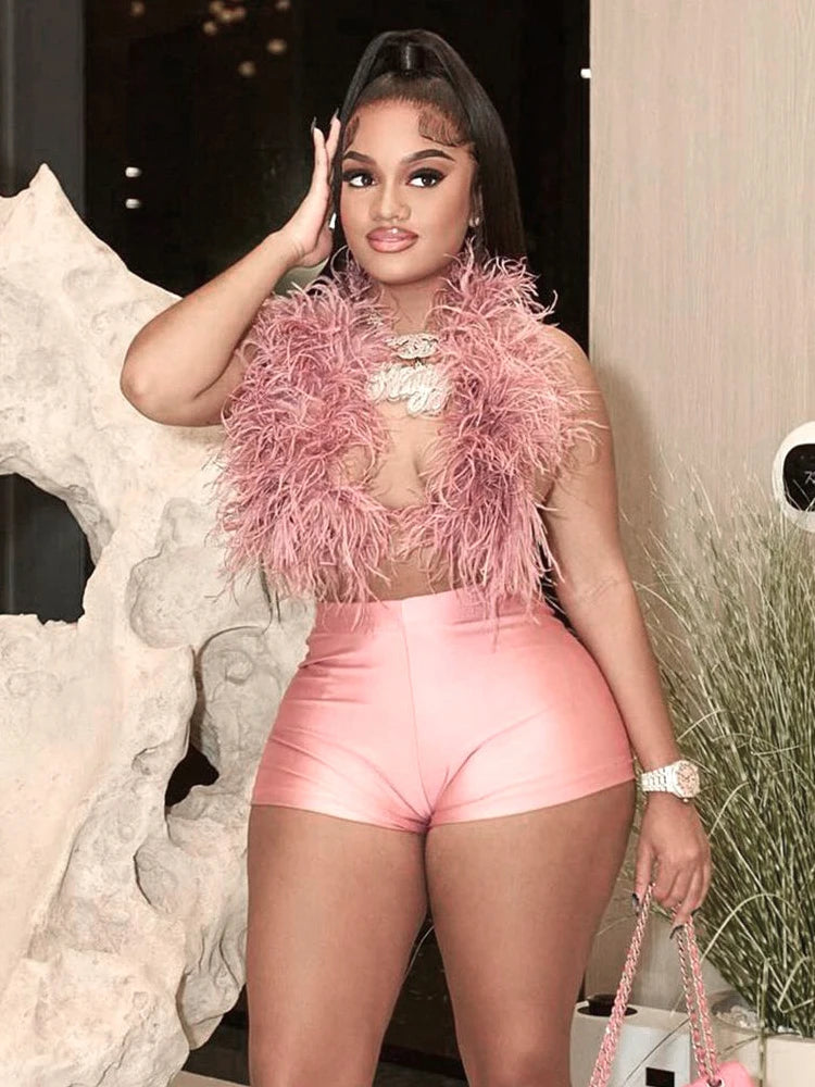 Weird Puss Sexy Hipster 2 Piece Set Women Y2K Summer Luxury Furs Tank Tops+Tight Stretch Shorts Midnight Clubwear Party Suits