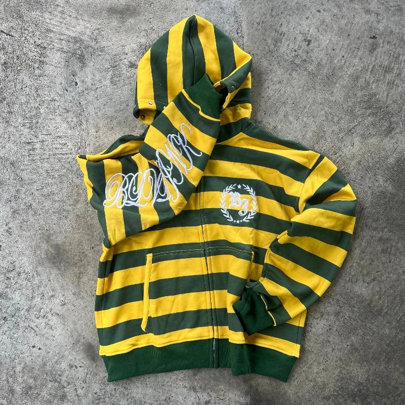 Y2K Retro Kid Zipper Hoodie Stripe Rivet Letter Embroidery Pattern Sweatshirt Men HipHop Fashion Streetwear Unisex Women Clothes