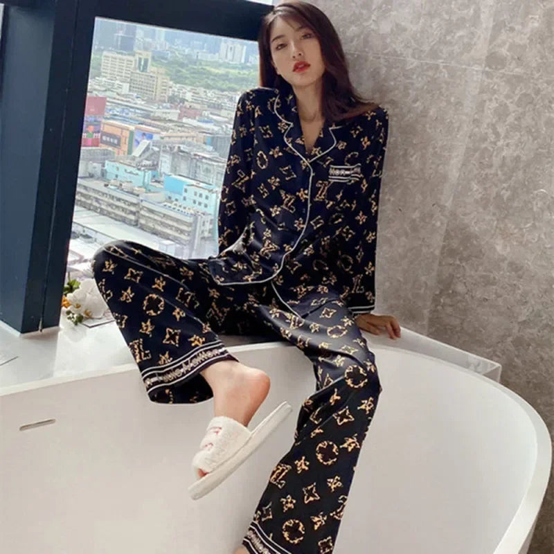 Spring Autumn High Quality Home Suit Women Long Sleeve Silk Sleepwear 2 Piece Cardigan Long-Sleeved Ladies Sleepwear Loungewear