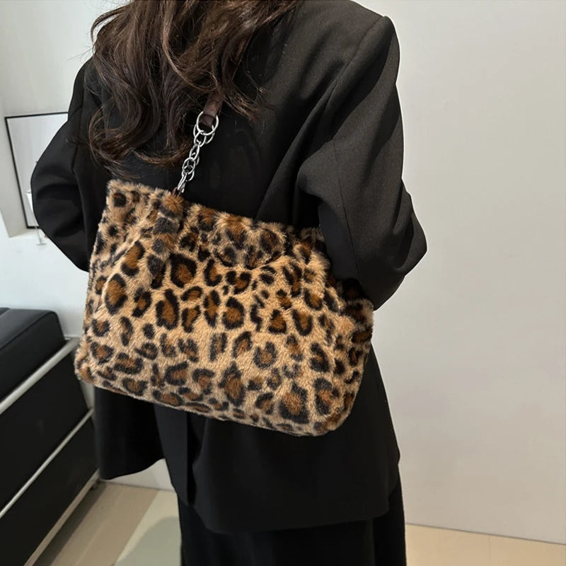 National Style Simple Women Leopard Tote Bag Lady Luxury Fluffy Shoulder Bag Chain Large Capacity Commuter Handle Bag