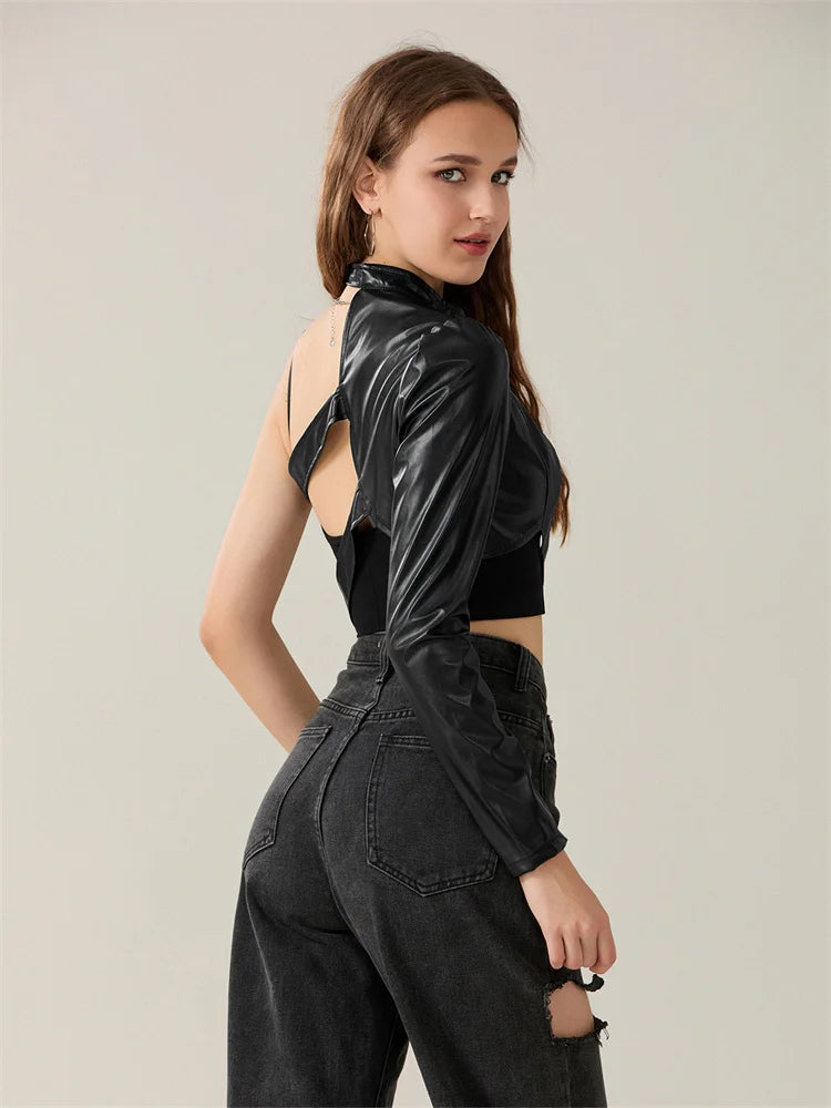Women PU Leather Jackets Fashion Punk Gothic E Girl Y2K Crop Tops Single Long Sleeve Neck Hanger Buckle Belt Coat Outerwear