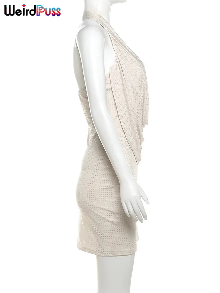 Weird Puss Sequins Shiny Dress Women Backless Halter Low Neck Ruched Skinny Short Bodycon Sexy Slim Midnight Evening Party Robe