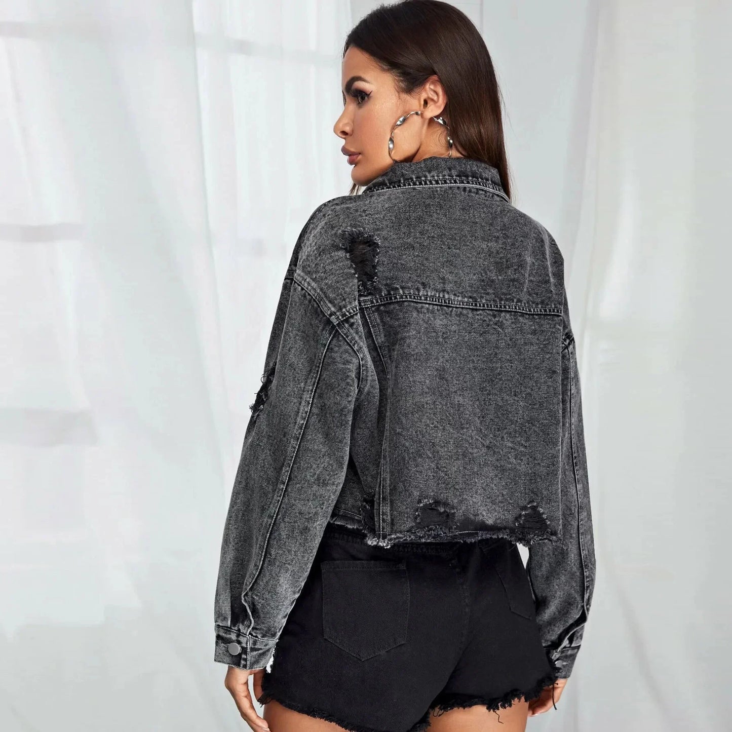 Donsignet Women's Jeans Jacket Spring Autumn New Fashion Burr Hole Coats Button Pockets Long Sleeve Black Casual Tops