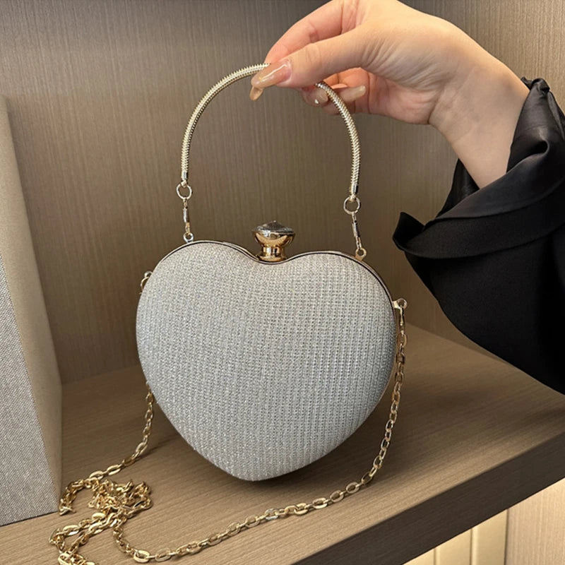 Evening Clutch Bag For Women Shiny Heart Shape Metal Clutch Chain Shoulder Purse