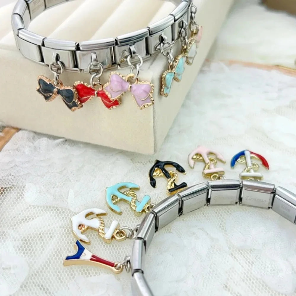 2025 NEW Popular Bow Anchor Pendant Elastic Charm Italian Links Fit 9mm Modular Bracelet Making DIY Jewelry Bulk