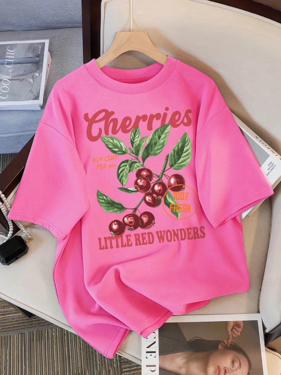 Cherries 100% Fresh Little Red Wonders Design Women T-Shirt Casual Loose T Shirts Hip Hop Cotton Sportswear Summer Soft Top