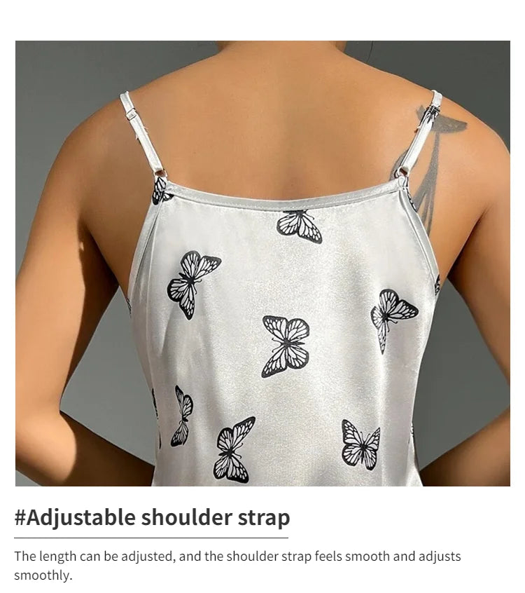 Women Sleepwear Satin Nightgown Mini Slip Chemise Short Nightwear Butterfly Print Spaghetti Strap Cami Nightdress