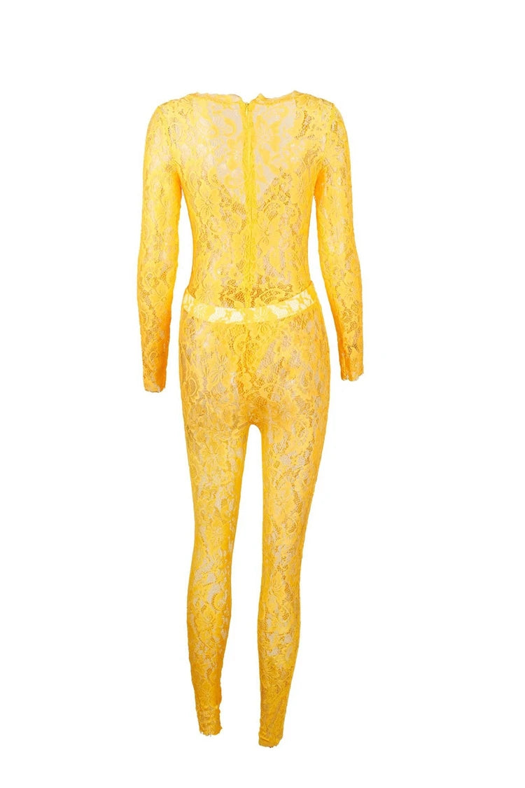 STYLISH LADY See Through Lace 2 Piece Set Women Long Sleeve Bodysuits and Skinny Pant Suits 2025 Summer Sexy Hollow Out Outfits