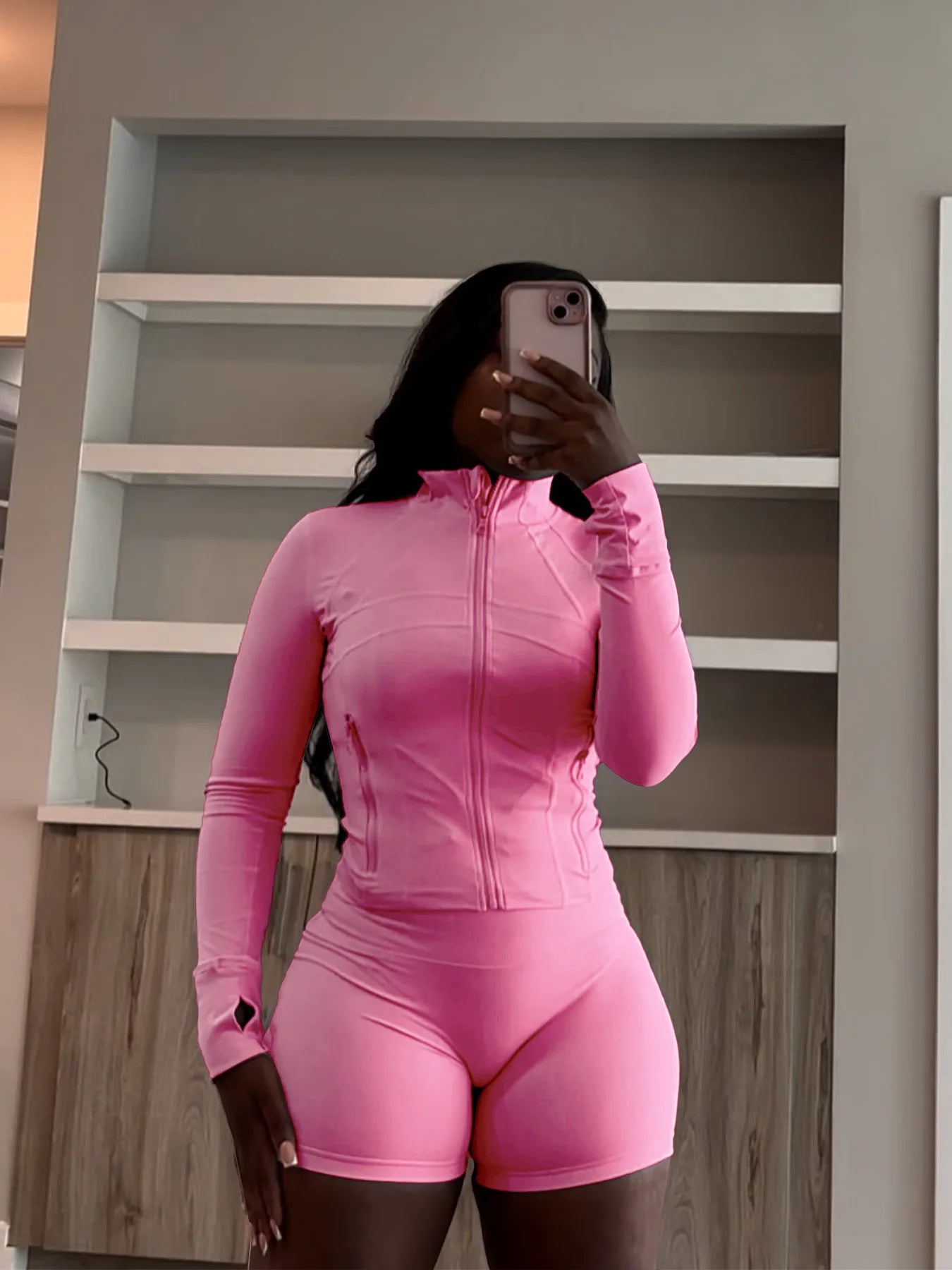 HLJ&GG Casual Sporty Skinny Shorts Two Piece Sets Women Zip Long Sleeve Slim Top + Shorts Outfits Summer New Stretchy Tracksuits