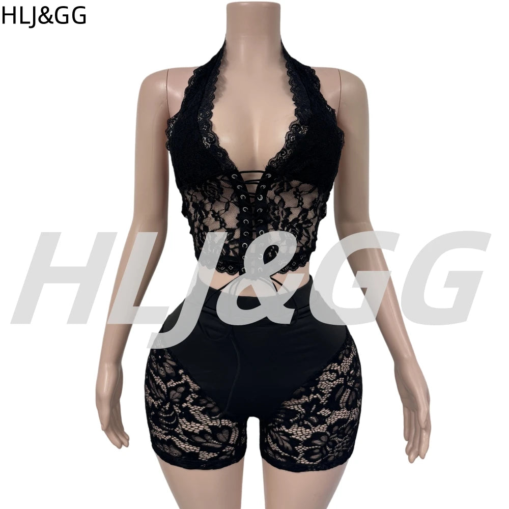 HLJ&GG Sexy Lace Hollow See Though Two Piece Sets Women V Neck Spaghetti Strap Slim Crop Top + Shorts Outfits Fashion Streetwear
