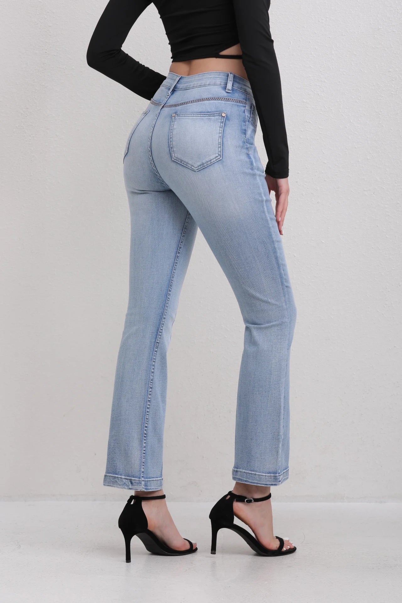 Women's High Waisted Light Blue Jeans with Panel Detail Flared Leg Fashionable Daily Wear Wide-leg jeans Stretch Straight Pants
