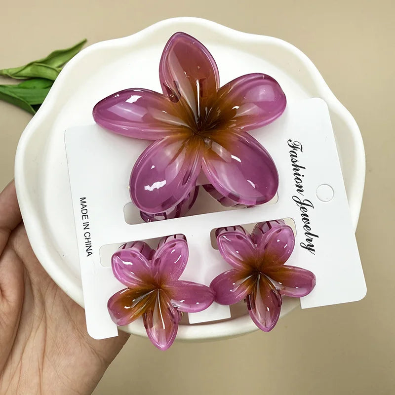3Pcs Sweet Colorful Plumeria Flower Shark Clip Hair Claw Bohemian Ponytail Clip Plastic Hairpin Barrette Summer Hair Accessories