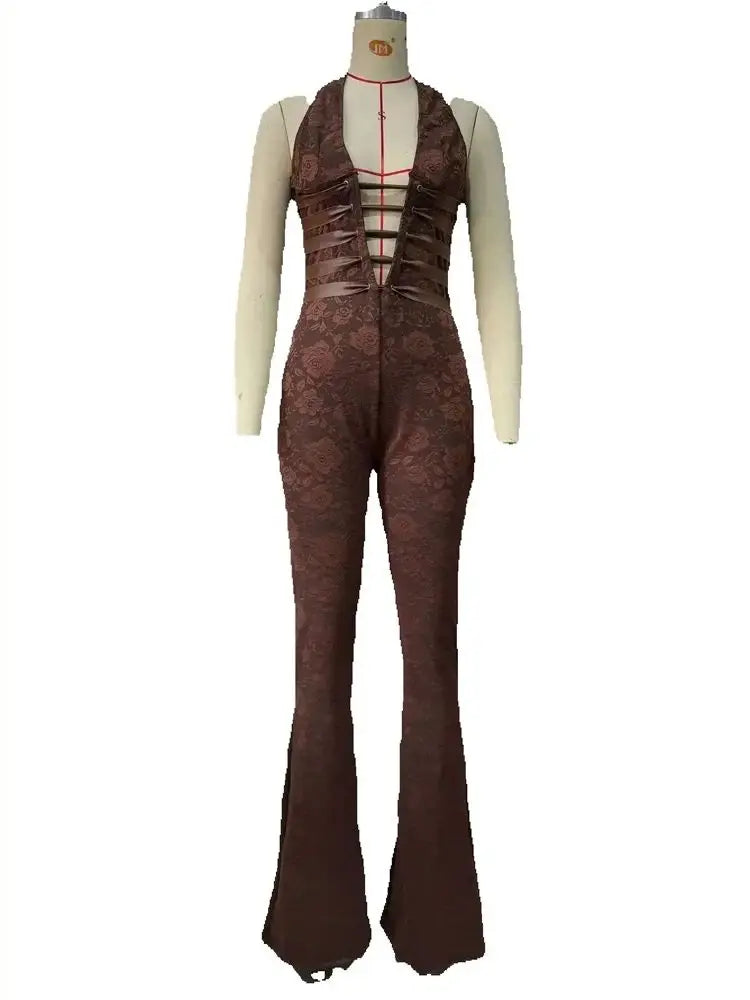 Weird Puss Hollow Bandage Jumpsuits Women Halter Sexy Jacquard Backless Sleeveless Skinny Street Workout Club Hipster Overalls
