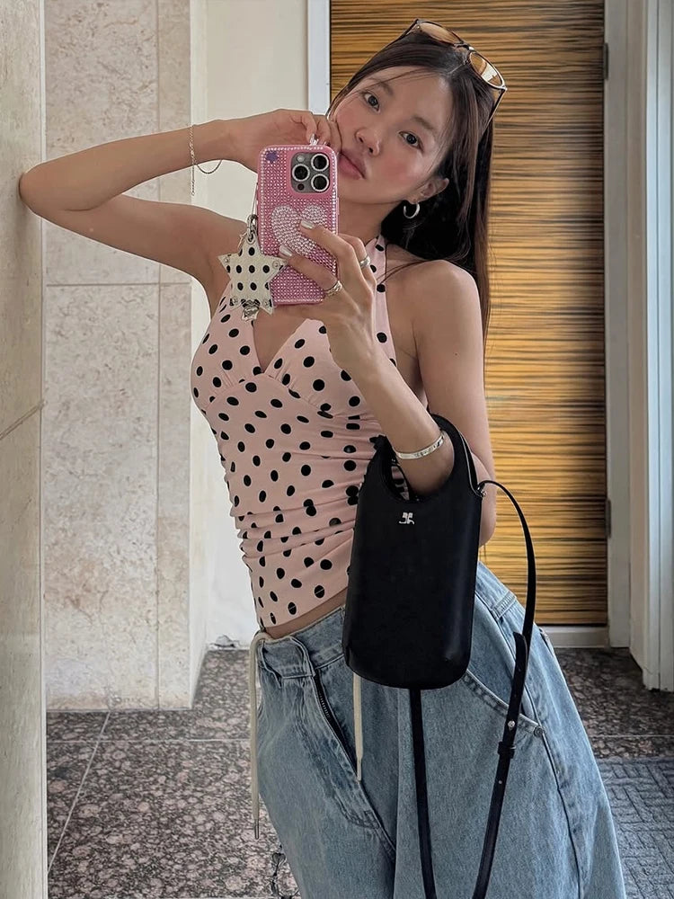 weird Puss Halter v-Neck Vest Women Y2K Lace-Up Backless Polka Dot Print  Skinny Summer Fashion Daily Street Basic Tank Tops