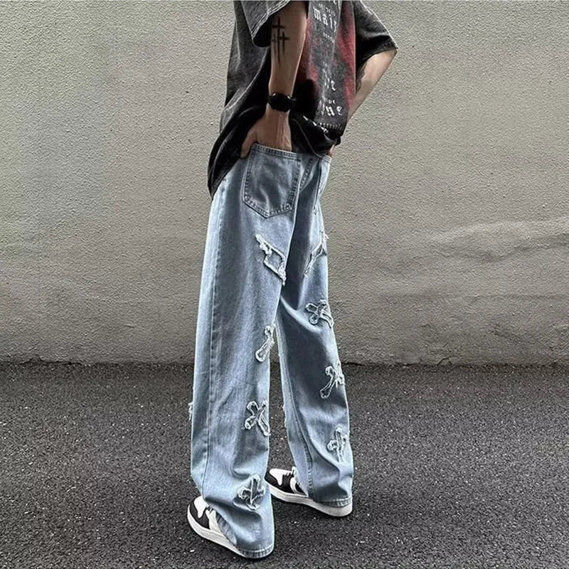 Straight Leg Denim Jeans Male New Fashion Casual Loose High Street Y2k Pants New Wide Leg Hip Hop Black Blue Pants