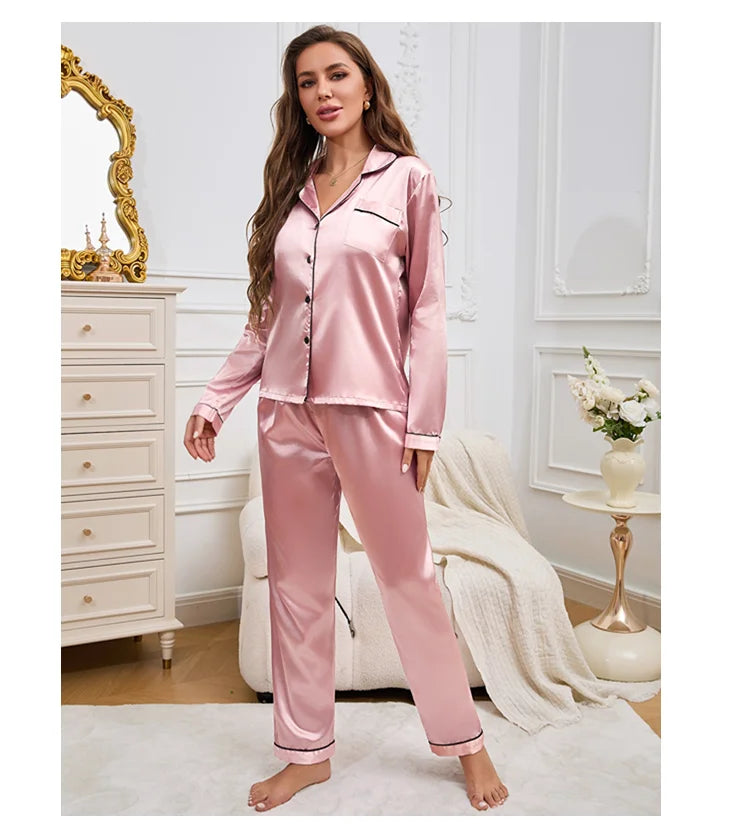 Autumn Satin Women‘s Pajamas Set Notched Collar Top & Wide Leg Long Pants 2 Pieces Sleepwear Female Loungewear Like Leisure Suit