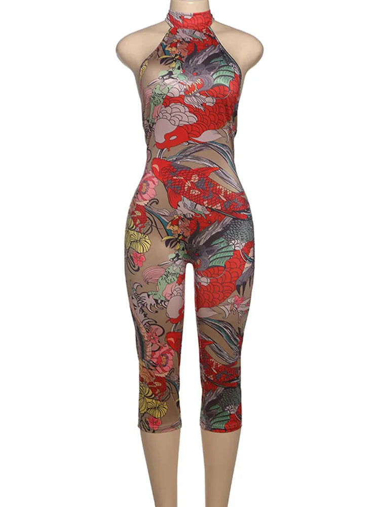 Weird Puss Backless Romper Women Halter Bandage Leopard Print Fit Tight Stretch Summer Sexy Hipster Activity Workout Playsuits