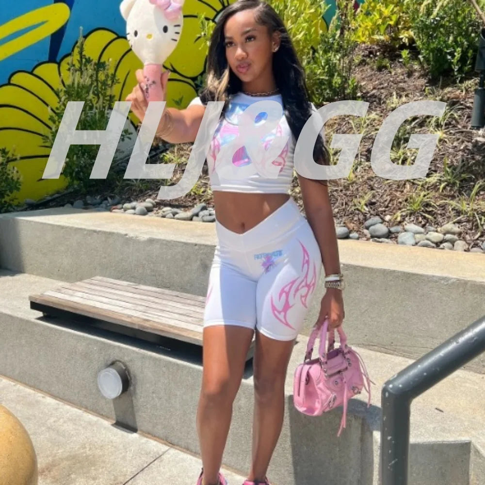 HLJ&GG White Summer Trend Y2K Letter Print Two Piece Sets Women Round Neck Short Sleeve Slim Crop Top And Skinny Shorts Outfits