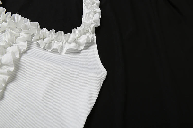 Weird Puss Ribbed Casual 2 Piece Set Women Ruffles Square Collar Backless Tank Tops+Skinny Shorts Versatile Style Trend Outfits