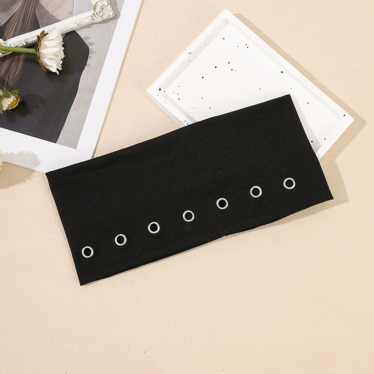 AWAYTR Punk Girl Fabric Hollow Elastic Headbands Metal Rock Personalized Hollow Eyelets Hair Band Casual Sports Grommet Headband