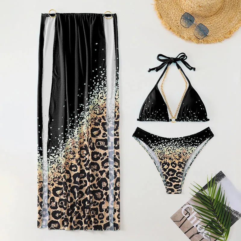 New Sexy Print Halter Swimwear,  Swimsuit Three-pieces Bikini Set Bather Bathing Suit Swim Lady