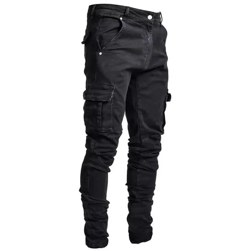 Men Street Elastic Denim Wash Solid Color Multi Pockets Cargo Pants Casual Slim Fit Daily Wear Joggers Mid Waist Trousers