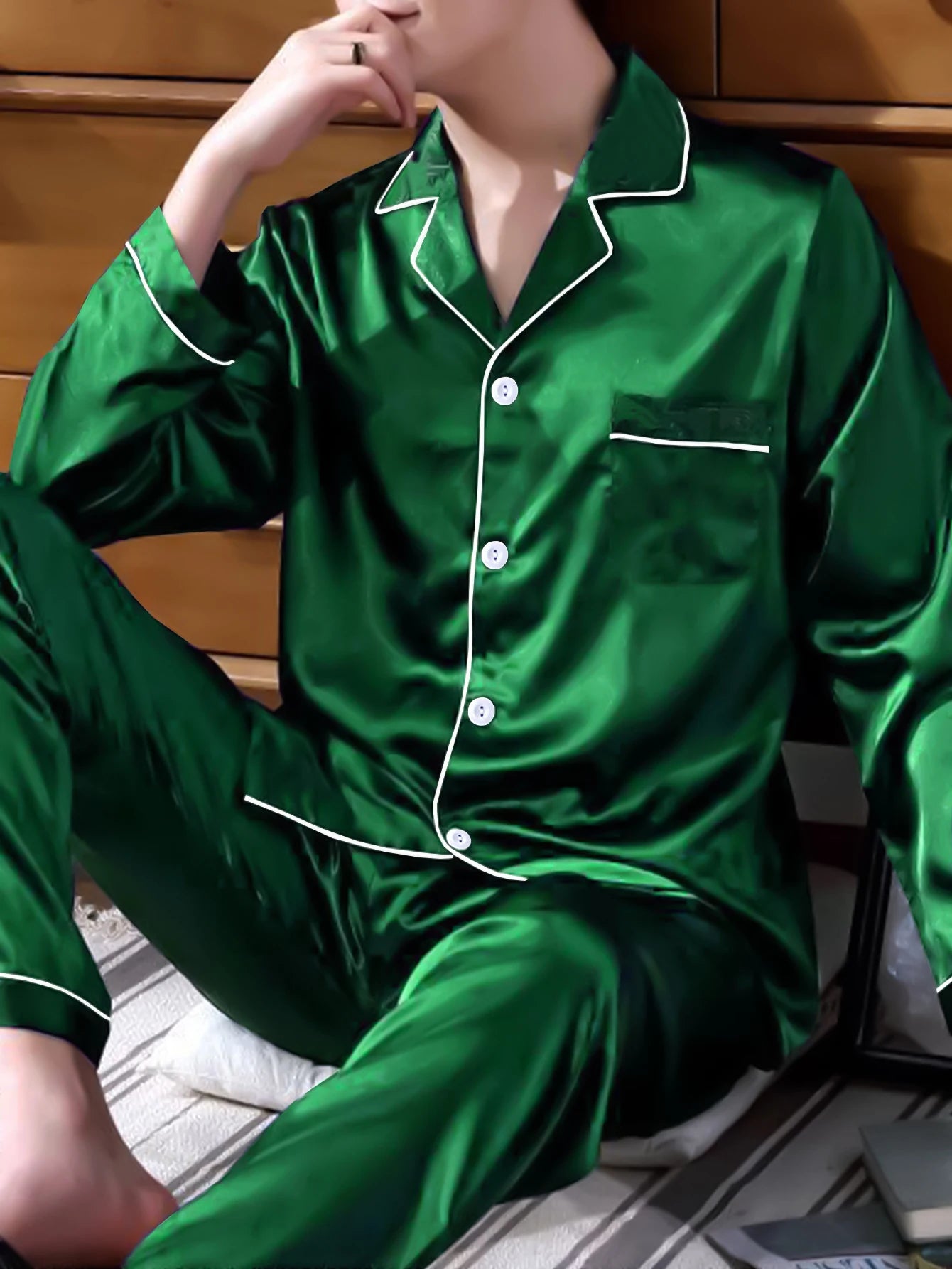 Two piece sets men's pajamas autumn and winter silk satin long sleeved pants casual simple solid color sleepwear set