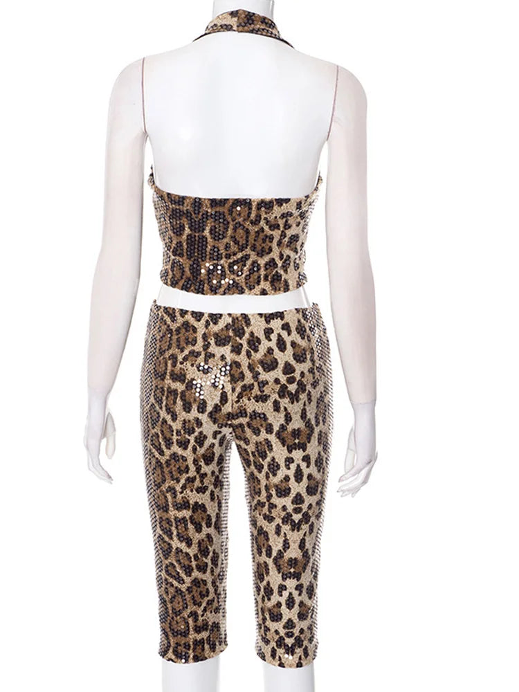 Kricesseen Women's Leopard Sequins Halter Crop Top And Matching Shorts Set 2 Piece Outfits Summer Wild Tracksuits Set Rave Wear