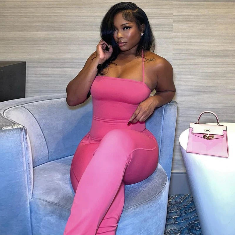 Hugcitar 2025 Spring Halter Solid Sleeveless Backless Sexy Bodycon Flare Pants Jumpsuit Women Casual Rompers Streetwear Festival