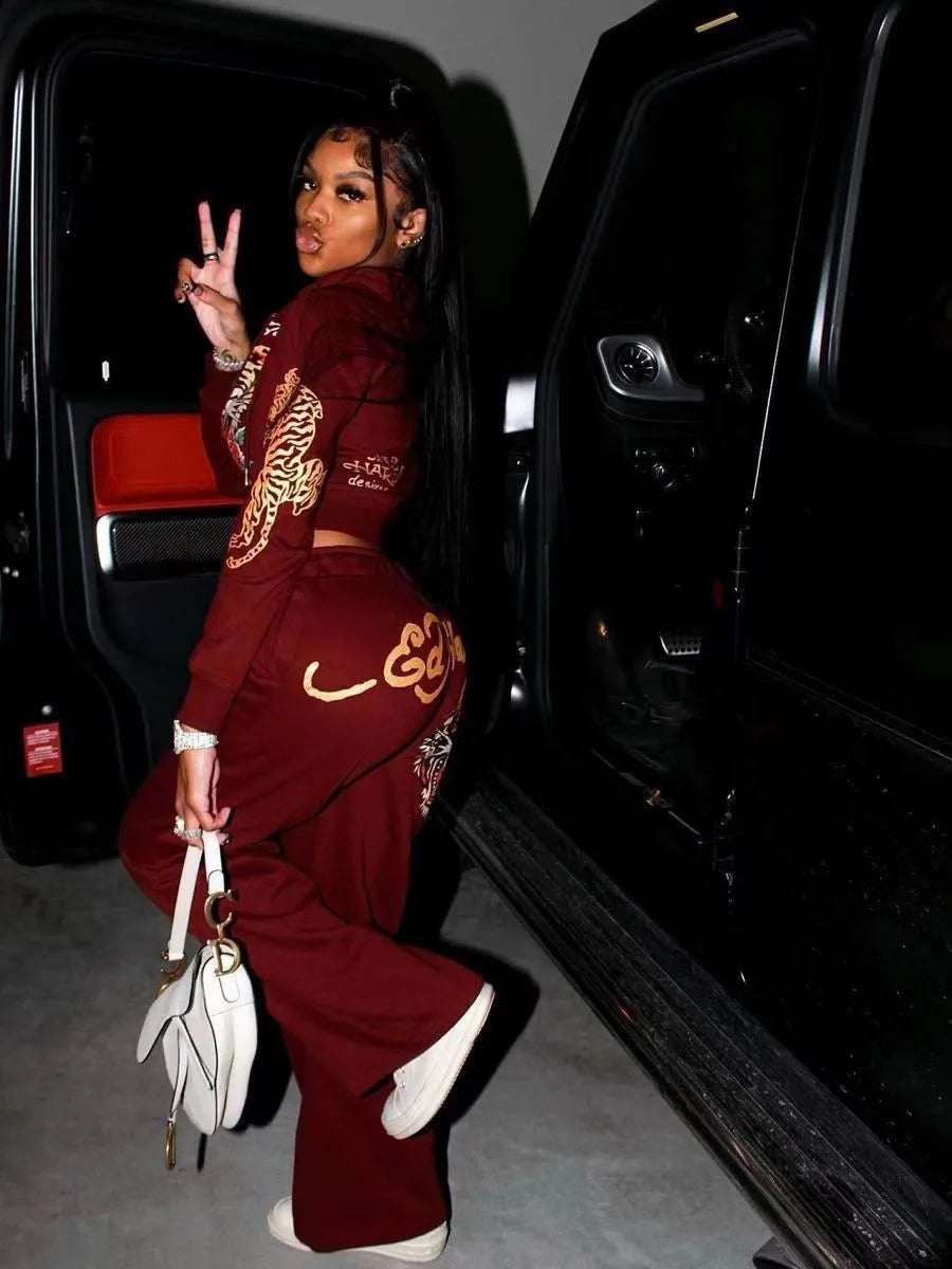 Spring 2 Two Piece Sets Casual Tracksuits Women Long Sleeve Zipper Crop Top+Baggy Pants Suits Club Rose Red Matching Outfits