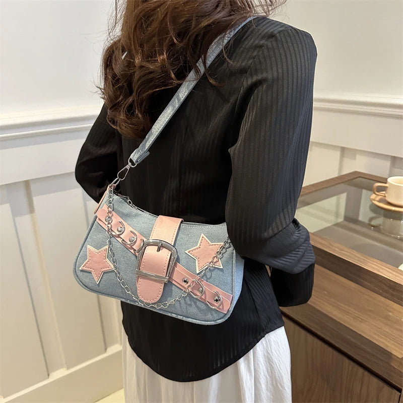 Fashion Women's Handbags Denim Stars Pattern Cool Girls Underarm Bag Female Small Shoulder Hobo Bags Chain Tote Bag