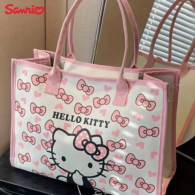 MINISO Sanrio Hello Kitty Canvas Handbag Large Capacity Zipper Shoulder Bag Lightweight Cute Fashion Weaving Tote Bag